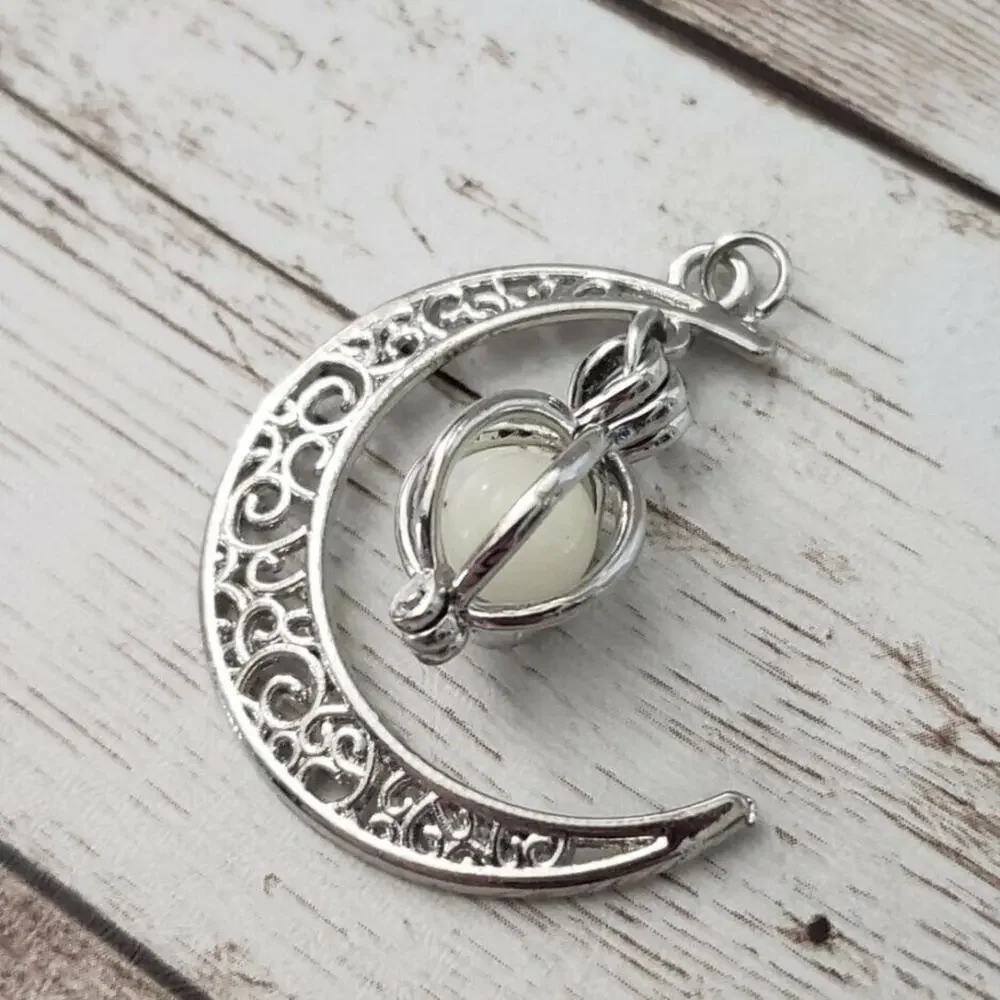 Moon Pendant with Bead Dangle Ornate Silver Tone (No Chain Included)